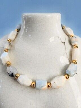 Natural Moonstone & Aquamarine Large Stones In Heavy Chunky Artisan Necklace